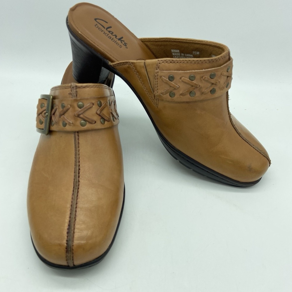 Clarks Bendables Clogs Shoes Women 7.5 Mule Brown Leather Slip On Casual Heels - Picture 5 of 16